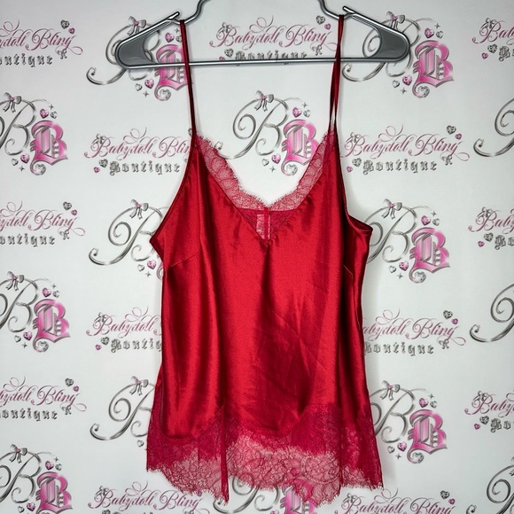 Victoria's Secret Tops - Victoria secret tank top lacie shimmer shiny silky Red Satin Lace Trim Cami Top